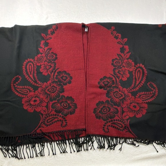 Accessories - Red Black Floral Fringe Shawl Wrap Gothic Whimsigoth Boho Scarf 52x28